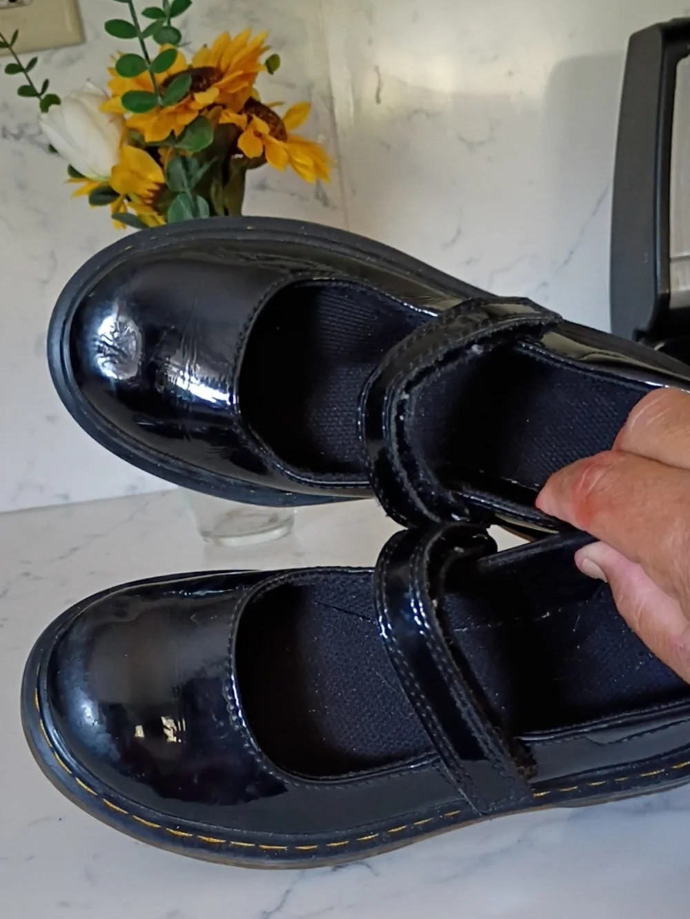 Dr. Martens Girls Black Patent Mary Jane Shoes with Yellow Stitching
